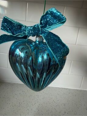 Teal Heart Ornament with Glitter Bow - Home Holiday
